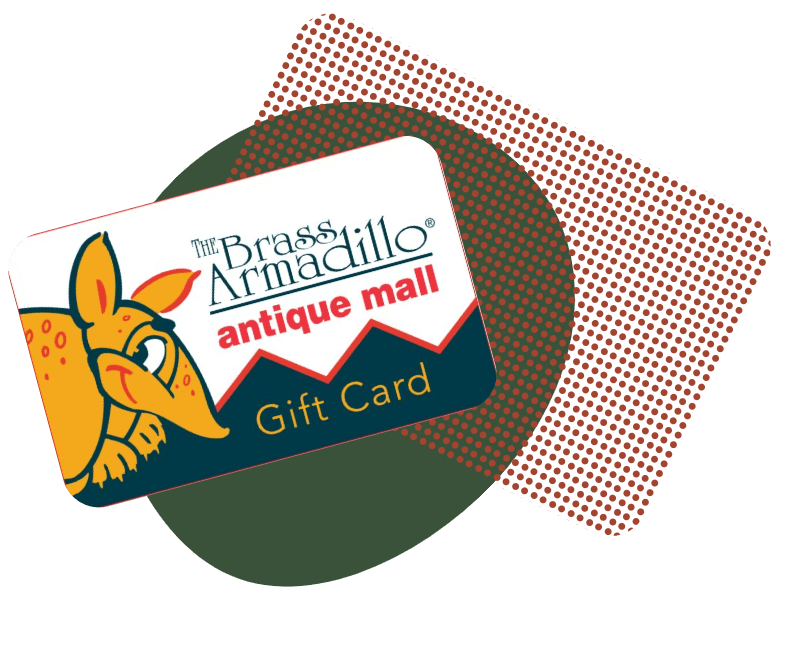 Giftcard graphic Brass Armadillo gift card graphic overlaying a green circle and red polka dots